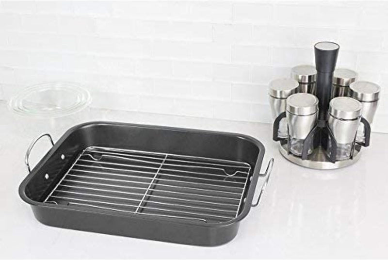 Deluxe Non Stick Roasting Pan with Rack and Handles - 145 x 115 - Black