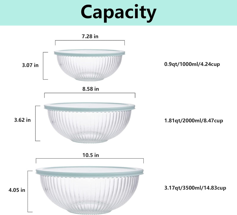 WhiteRhino Glass Mixing Bowls - Set of 3 with Lids 45QT 27QT 11QT - Kitchen Nesting Bowls for Cooking Baking Prepping - Dishwasher Safe - Large Round Salad Bowls