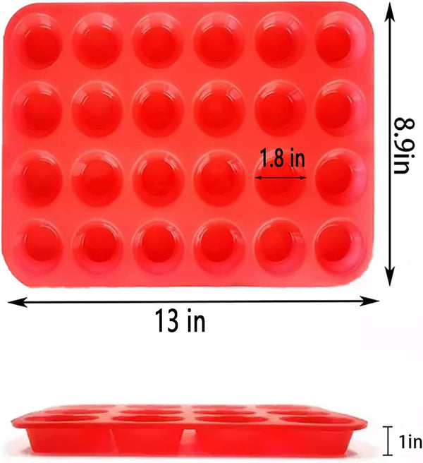 Mini Muffin  Cupcake Set - 24 Cups Nonstick Silicone Baking Pan Red 2 PCS