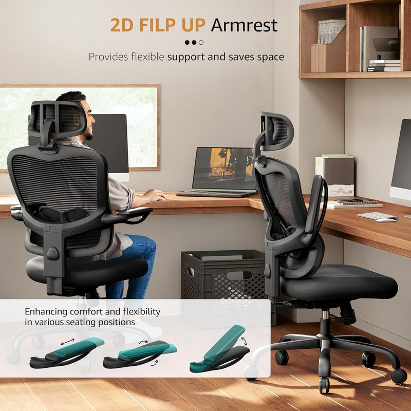 Ergonomic Office Chair Fully Adjustable - Comfortable Big and Tall Computer Desk Chairs with Lumbar Support, Mesh High Back Adjustable with 3D Headrest, 90-130° Tilt Lock, Flip-up Arms