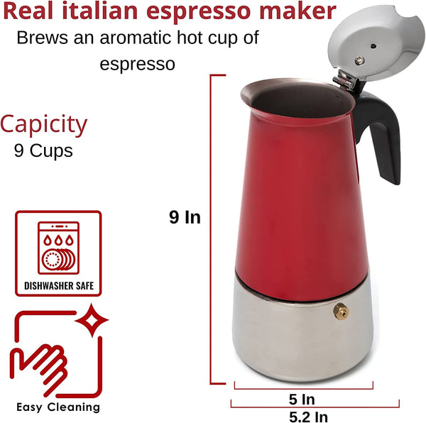 Mixpresso 9 Cup Coffee Maker Stovetop Espresso Coffee Maker, Moka Coffee Pot with Coffee Percolator Design, Stainless Steel stovetop espresso maker, Italian Coffee Maker, Red Coffee Maker