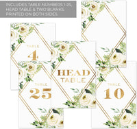 White Floral Greenery Table Numbers/Set of 28 Wedding Table Number Cards / 4" X 6" Watercolor Botanical Design with Faux Gold Accents