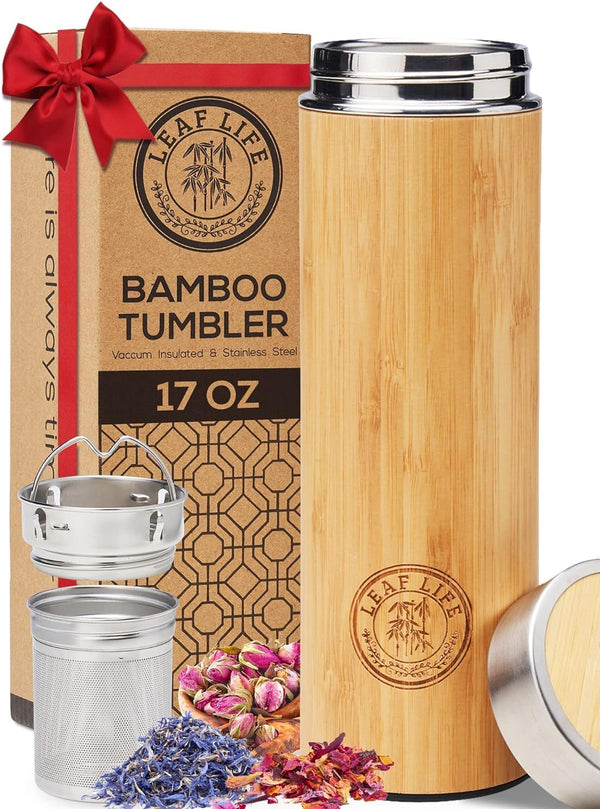 LeafLife Premium Bamboo Thermos with Tea Infusers for Loose Tea 17oz - Hot & Cold for 12 Hrs - Unique Gifts for Women Who Have Everything, Tea Gift Sets for Women, Cool Gifts for Women Birthday Unique