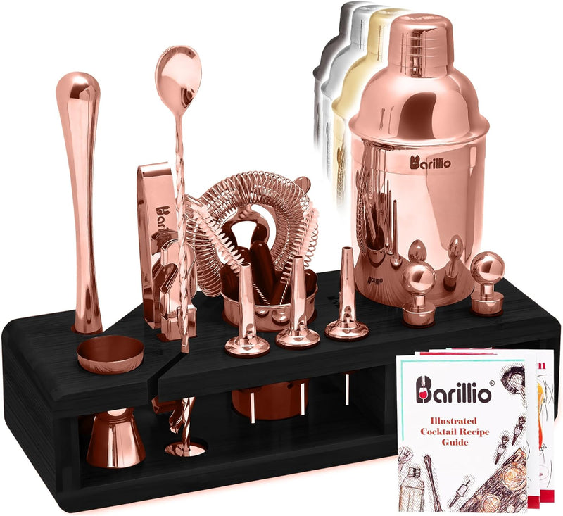 Black Mixology Bartender Kit Cocktail Shaker Set by Barillio: Drink Mixer Set with Bar Tools, Muddler, Mixing Spoon, Jigger, Strainer, Sleek Black Bamboo Stand & Recipes Booklet