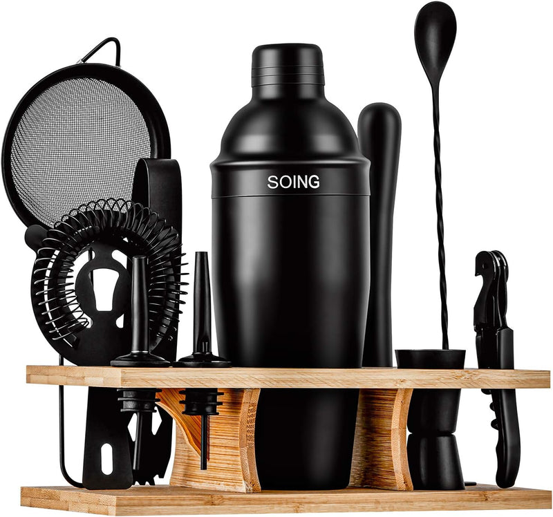 SOING 11-Piece Mixology Bartender Kit with Stand,Bar Kit Cocktail Shaker Set with All Essential Accessories:Martini Shaker,Spoon,Muddler,Strainer,Jigger,Tongs,Liquor Pourers