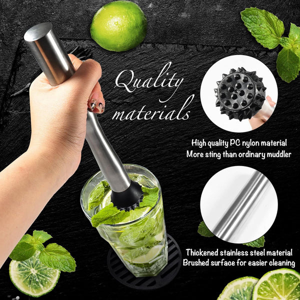 Muddler,Stainless Muddler for Cocktails, 10" Drink Muddler and Mixing Spoons with Cushioned Silicone Pads, Wine List for Making mojitos or Drinks,Masher Kitchen Tool for Garlic and Fruits(Stainless)