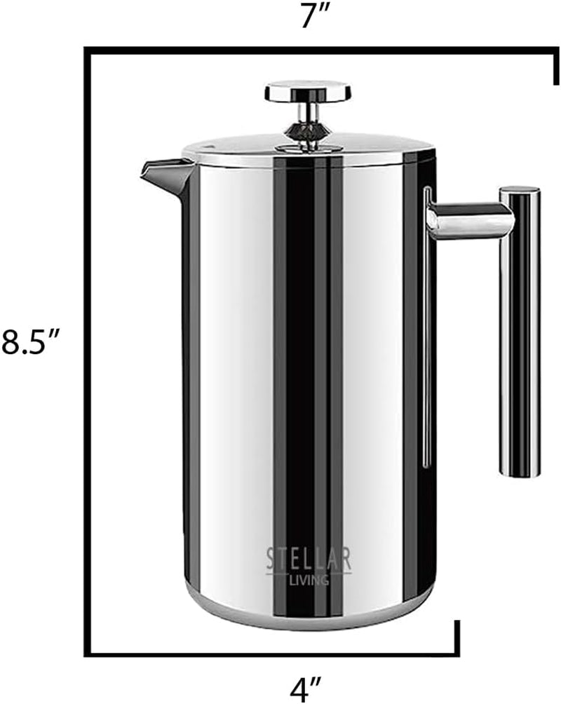 Stellar Living 34 OZ Stainless Steel French Press Coffee Maker with Double Vacuum Insulation, Maximum Flavor Coffee Brewer, Tea and Coffee Press, Camp Coffee Maker - Glossy Mirror Silver