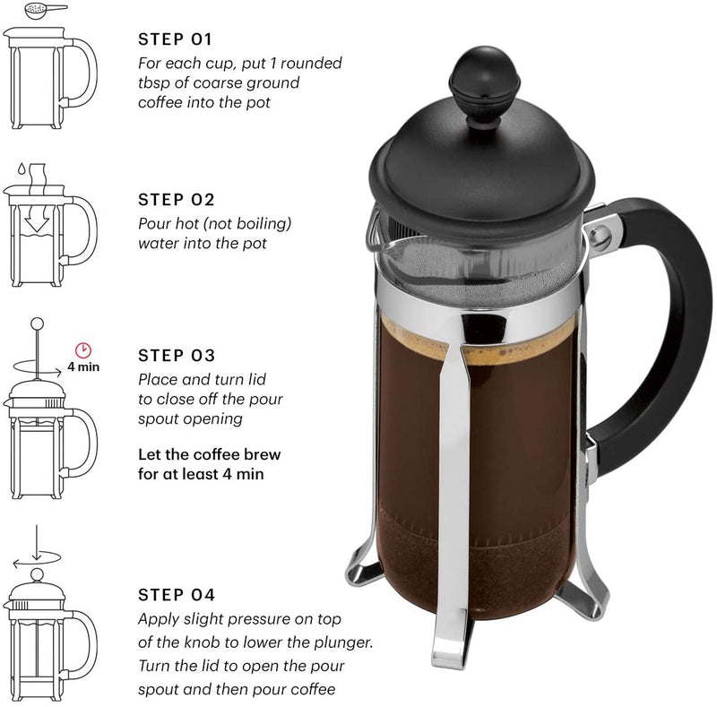 Bodum Caffettiera French Press Coffee Maker, Black Plastic Lid and Stainless Steel Frame, 3-Cup, 12-Ounce