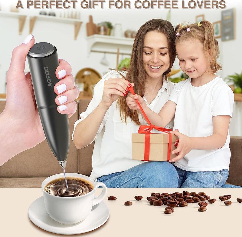 Milk Frother Handheld for Coffee with Stand - AGFOO hand frother wand, Electric whisk Drink Mixer Mini Foamer for Cappuccino, Frappe, Matcha, Hot Chocolate, Silver/Black