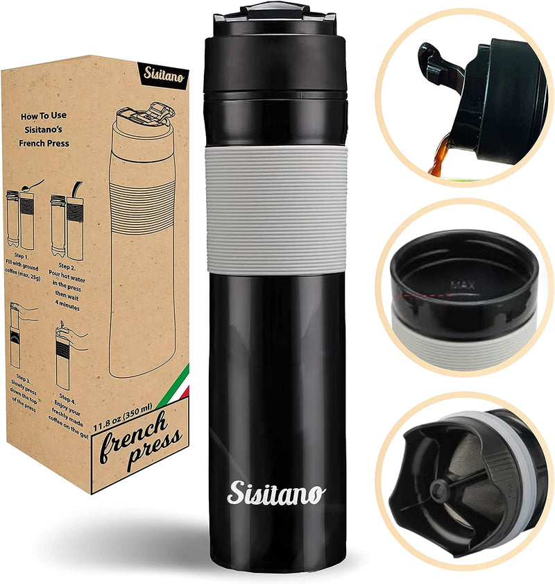 Sisitano 2in1 Travel French Press Coffee Maker, Portable 11.8 oz Tumbler Coffee French Press for Ground Coffee & Tea Leaves; Iced Coffee, Cold Brew Tea, Coffee Mug for Trips, Camping, Work & School