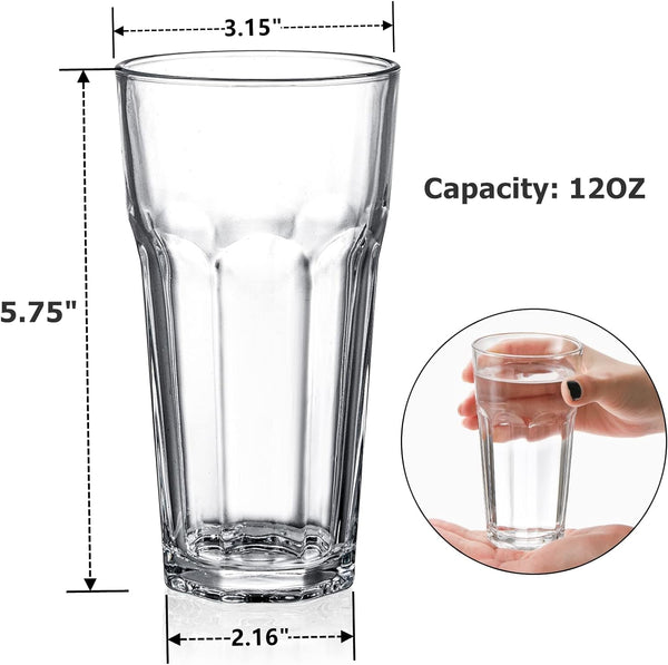 Yopay Set of 8 Highball Drinking Glasses, 12oz Lead-Free Tempered Water Glasses Thick Heavy Base, Clear Iced Hot Tea Glassware for Cocktail, Juice, Milkshake, Coke, Soda Beer Tumbler Cup