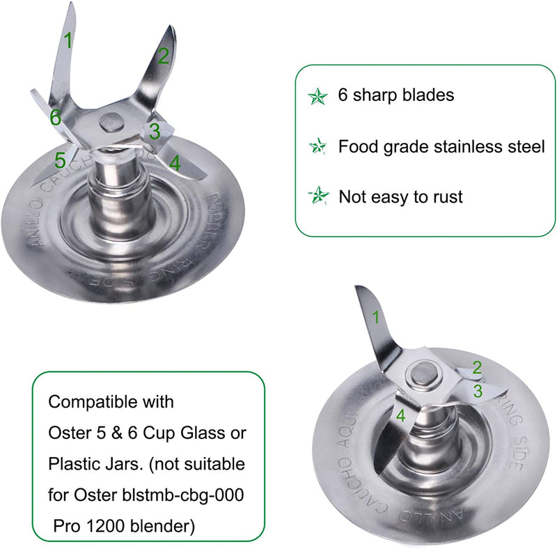 Blender Replacement Parts Compatible with Oster Osterizer, 6 Cup Glass Blender Jar, Vaso De Licuadora Oster De Vidrio with 4961 Ice Blade, 4902 Bottom Cap, Rubber Seal Rings
