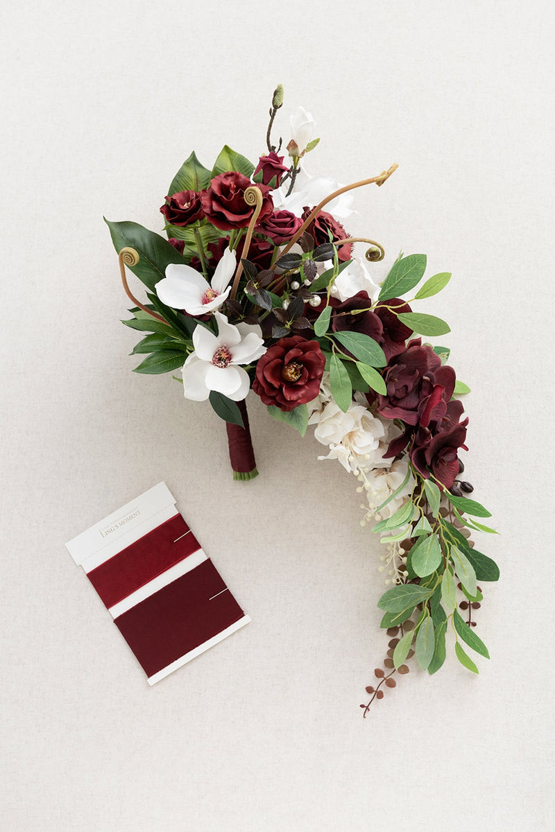 Burgundy White Bridal Bouquet - Deluxe Cascade Clearance
