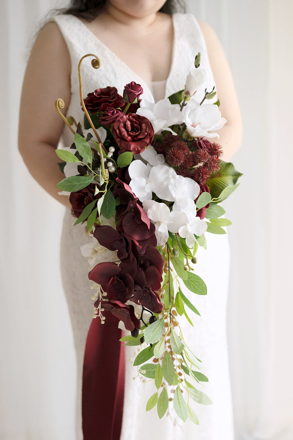 Burgundy White Bridal Bouquet - Deluxe Cascade Clearance