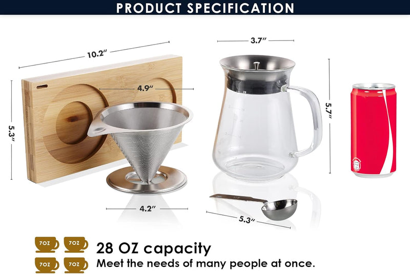 Aquach Pour Over Coffee Maker Set with Extra Large Coffee Dripper, 28 oz Glass Carafe, Stainlesss Steel Coffee Scoop and Bamboo Storage Tray, Unique Set for Home or Office