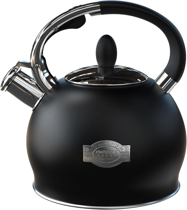 Tea Kettle, Stove Top Whistling Tea Kettles, 2.7 Quart Heavy Stainless Steel Black Tea Kettle with Cool Touch Handle