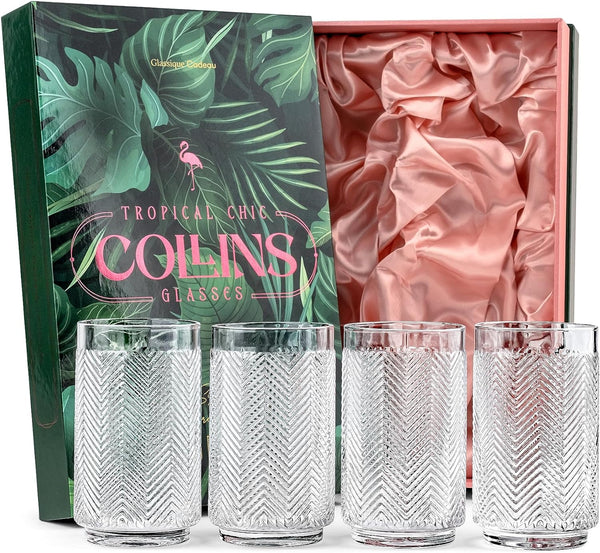 Vintage Flamingo Collins Gin and Rum Cocktail Glasses | Set of 4 | 12 oz Crystal Highball Glassware for Drinking Mojito, Gin Tonic, Bar Drinks | Tropical Glassware Collection