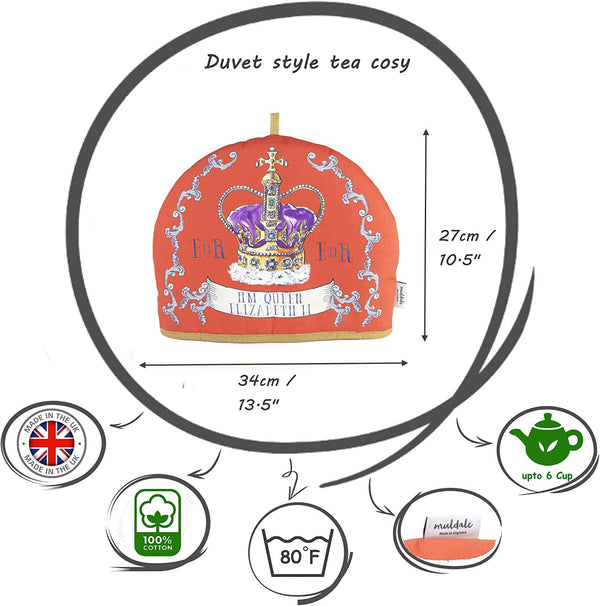 Muldale Queen Elizabeth Tea Cozy for Teapot Insulated - Crown Design - Large Teapot Cover for Keeping Warm - English Tea Cosy - 100% Cotton with Extra Thick Wadding - 2-6 Cups