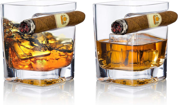 YouYah Cigar Whiskey Glasses with Cigar Holder-Set of 2,Cigar Accessories,Crystal Whisky Glass Set with Indented Cigar Rest,Premium Rocks Glass,for Brandy,Cocktail,Vodka,Bourbon,Gifts for Men(9.5oz)