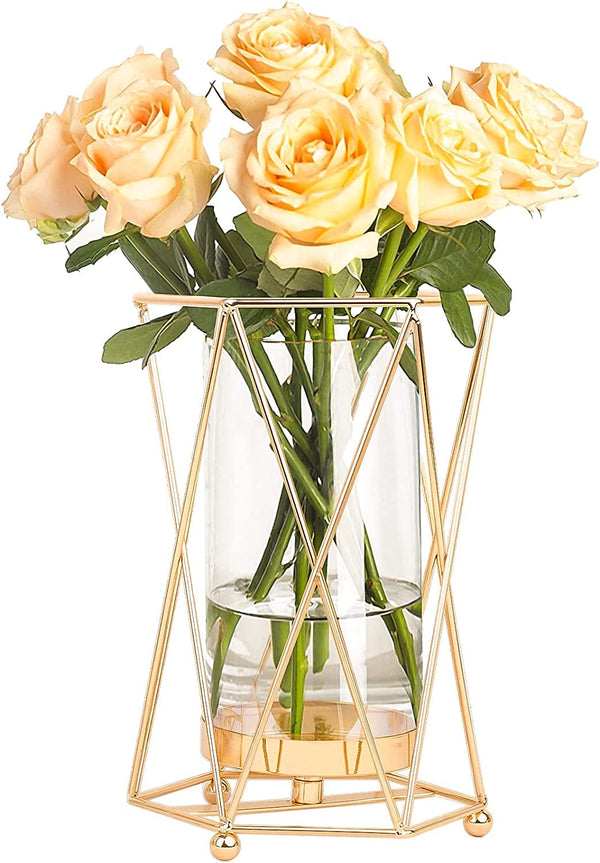 Gold Flower Vase Metal Stand Glass Geometric Decor Vase,Crystal Transparent Inner Vase, Modern Large Vase Suitable Floral Home Wedding Office Centerpiece(9 Inch Height)