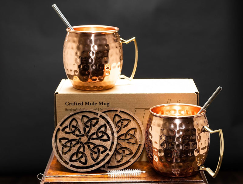 UUTSU Creative Concepts Premium Copper Moscow Mule Mug Set of 2, Premium quality Handcrafted, Hammered, with Wood Coasters, Straws and Straw cleaning brush