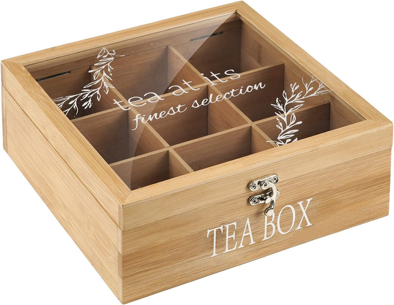 handrong Tea Box Tea Bag Organizer Wooden Tea Bag Holder Modern Tea Caddy Chest with 9 Compartments and Glass Cover for Home Use Christmas Gift