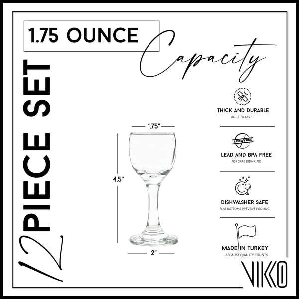 Vikko 1.75 Ounce Shot Glasses, Set of 12 Small Liquor Glass with Stem, Spirit Glasses, Durable Tequila Bar Glasses For Alcohol and Espresso Shots
