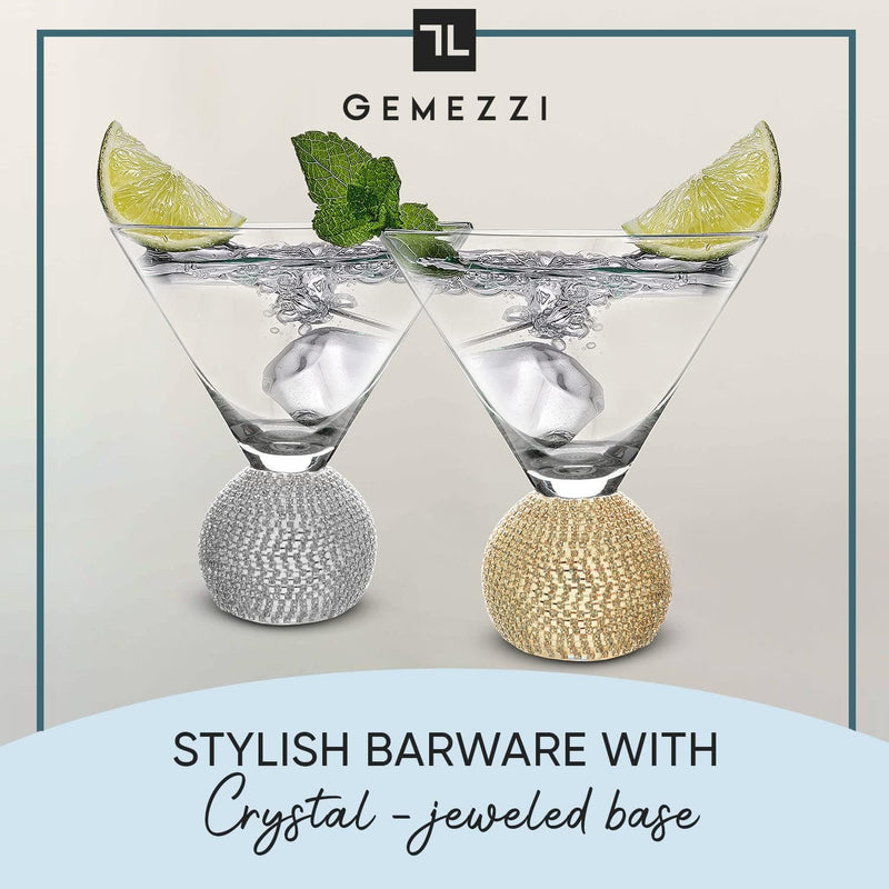 GEMEZZI Stemless Martini Glasses Set of 2, Silver Stemless Modern Cocktail Glass, Crystal Ball Base in Elegant Box, Perfect Bar Accessories for Margarita, Manhattan, Cosmos, Mixed Drinks, and Desserts