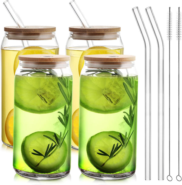 HOMBERKING Glass Cups with Bamboo Lids and Straws 4pcs Set, 16oz Can Shaped Drinking Beer Glasses, Iced Coffee Cups, Cute Tumbler Cups with 1 Cleaning Brush, Ideal for Cocktail, Whiskey, Tea, Gift