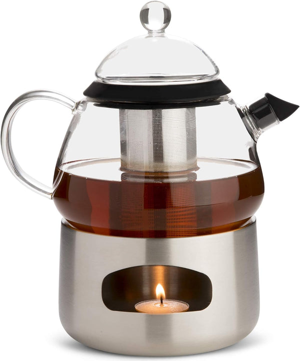 Elfin Glass Teapot with Infuser and Teapot Warmer (Stainless Steel) 28oz / 800ml Danish Designer Teapot Set – Stylish Clear Glass Tea Pot Sets with Infusers for Loose Leaf Tea and Tea Bags at Tea Time