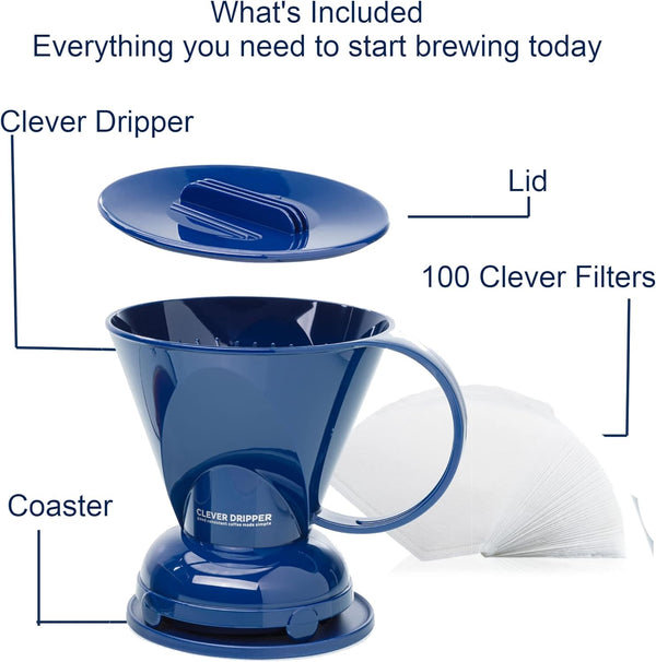 Clever Coffee Dripper and Filters, Large 18 oz (Royal Blue)| Barista's Choice| Safe BPA Free Plastic|Includes 100 Filters