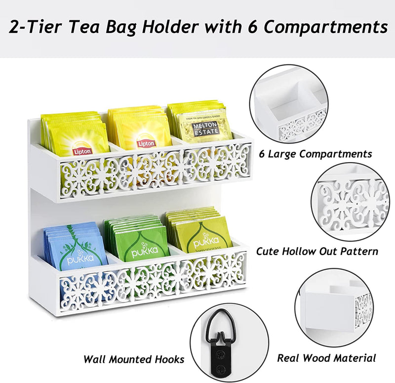 QILICHZ Tea Bag Organizer 2 Tier Wood Tea Bags Holder Wall Mounted Tea Box for Tea Bags Organizer Rustic Tea Chests for Tea Storage Coffee Display for Café, Home, Office