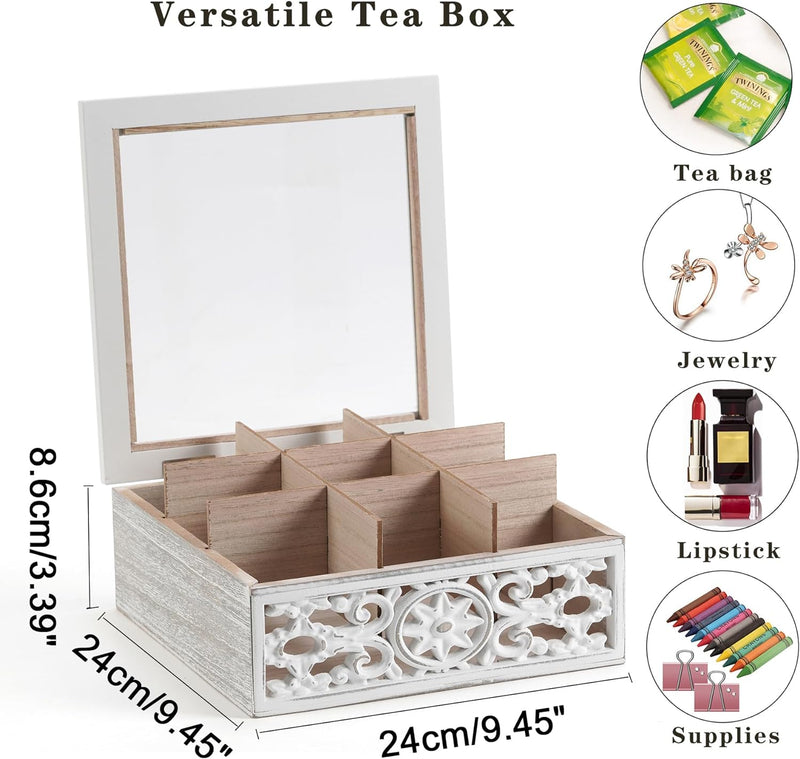 AHUONEL Tea Bag Organizer Wooden Tea Box for Tea Bags, Tea Organizer 9 Compartments Tea Chest Storage Box with Clear Lid, Tea Bag Holder Tea Caddy for Tea Coffee Sugar, Home Kitchen Office, White