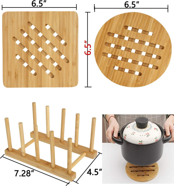 Lawei 8 Pack Bamboo Trivets with Dish Rack - Bamboo Trivet Mat Bamboo Hot Pads Trivet for Hot Dishes, Pot, Bowl, Teapot