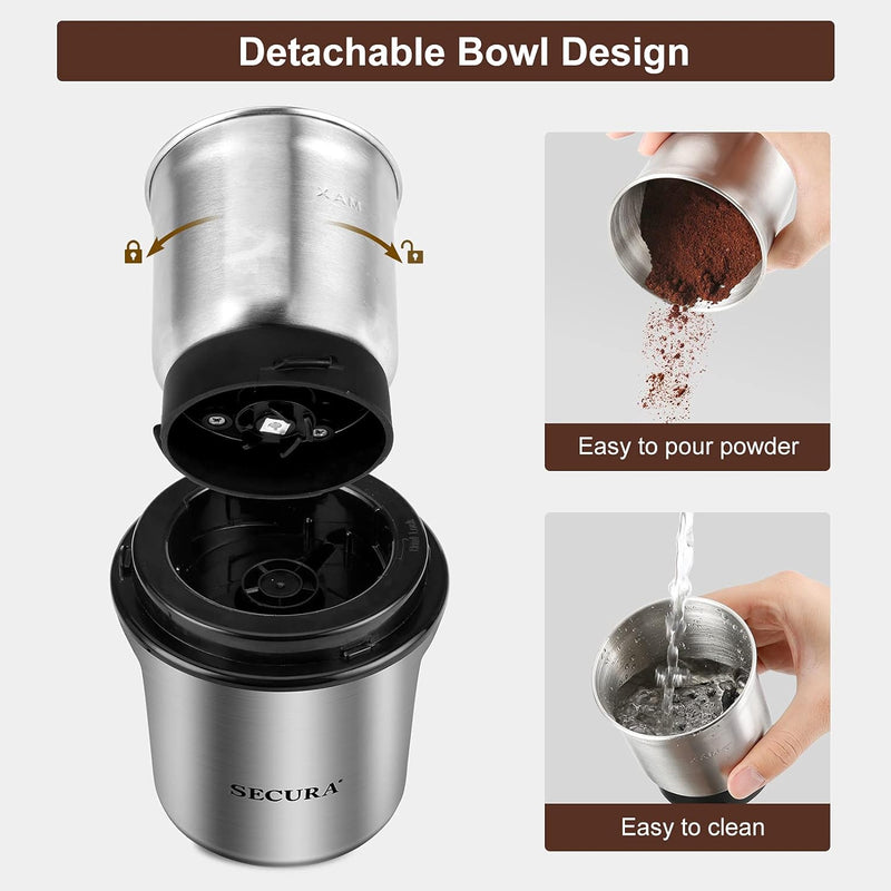 Secura Coffee Grinder Electric, 2.5oz/75g Large Capacity Spice Grinder Electric, Coffee Bean Grinder with 1 Stainless Steel Blades Removable Bowl