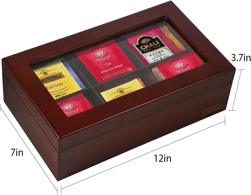 Pttgmkr Tea Chest Box, Tea Bag Cabinet, Organizer Box, Luxury Wooden Tea Storage Chest, 6 Compartment Tea Bags Organizer Container with Glass Window, Brown