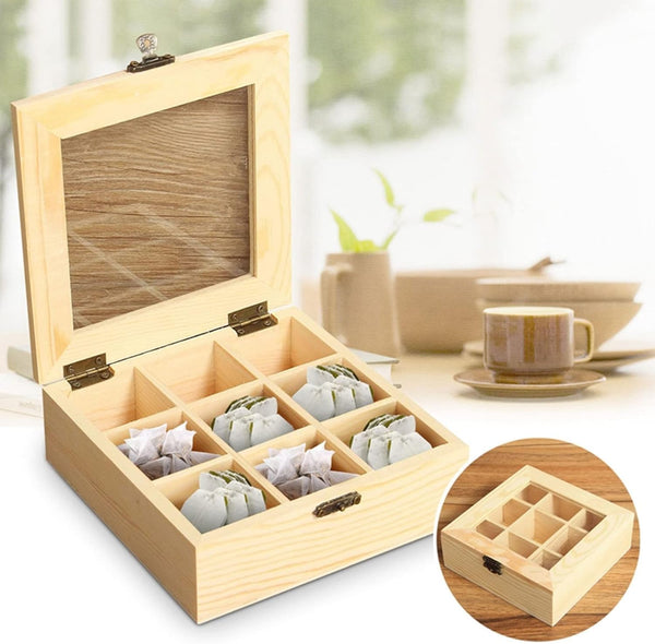 9 Compartments Rustic Tea Storage Box,Wooden Tea Organizer,Tea Bag Organizer Wooden Storage Box, Creamers, Sugar, Coffee Pods, Instant Coffee Packets