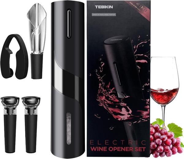 TEBIKIN Electric Wine Bottle opener，Battery Operated Automatic Wine Bottle Corkscrew Opener with Foil Cutter,2 Wine Vacuum Stopper，Wine Pourer for Gift，Home，Party