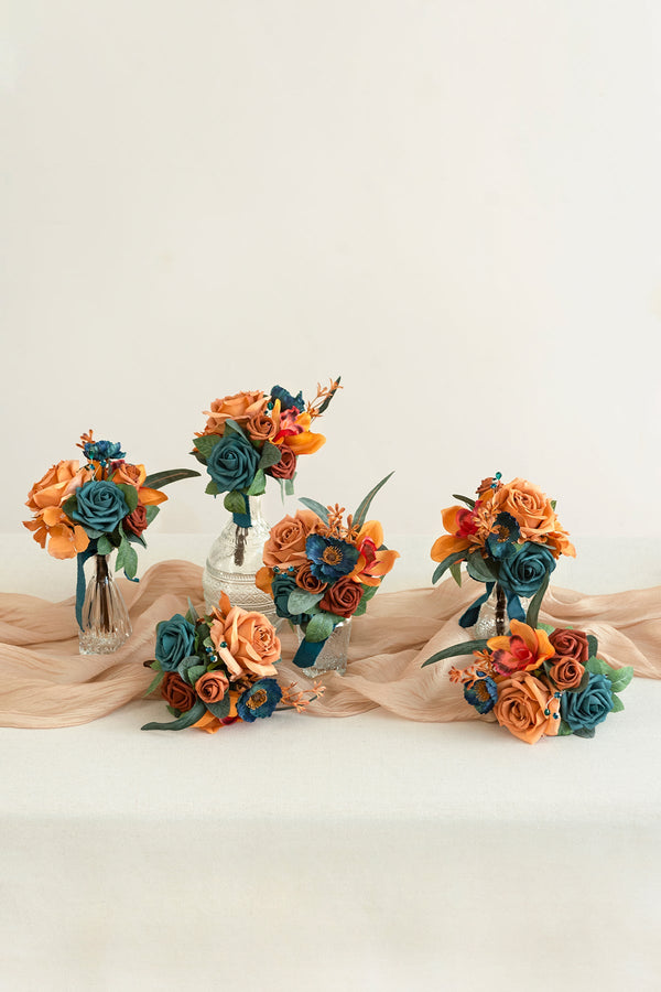 Mini Flower Centerpiece Set - Dark Teal  Burnt Orange
