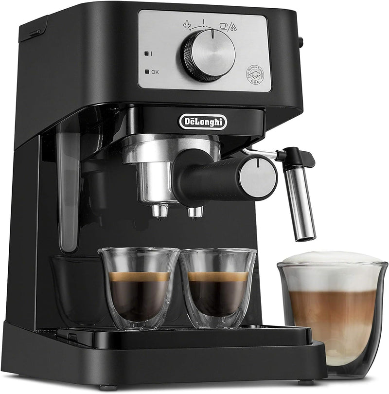 De'Longhi Stilosa Manual Espresso Machine, 13.5 x 8.07 x 11.22 inches & Stainless Steel Milk Frothing Pitcher, 12 ounce (350 ml), 12 oz & Double Walled Thermo Espresso Glasses, Set of 2