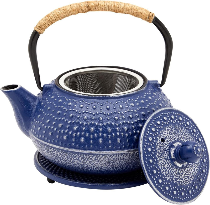 Cast Iron Teapot with Infuser - Japanese Tea Kettle, Loose Leaf Tetsubin with Handle and Trivet (Blue, 3 Pcs, holds 27 oz, 800 ml)