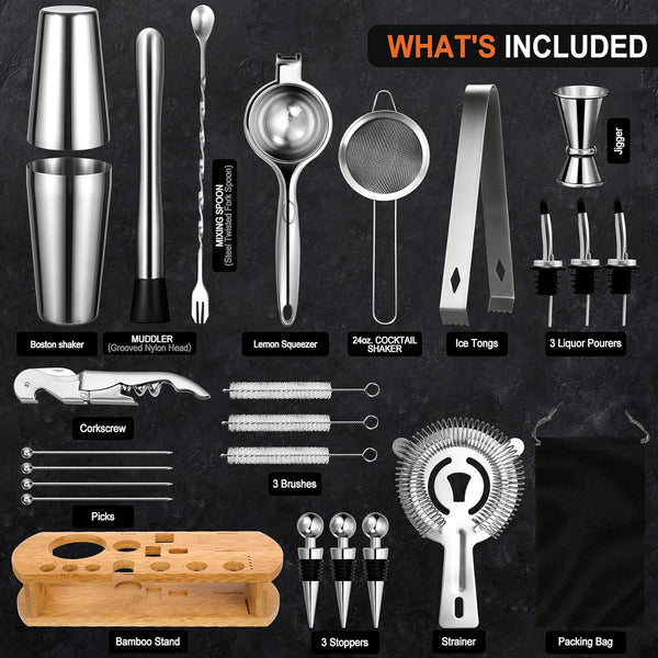 24-Piece Cocktail Shaker Bartender Kit with Stand, Boston Shaker, Mixing Spoon, Muddler, Measuring Jigger, Lemon Squeez, Tongs, Corkscrew, Liquor Pourers and More Professional Bar Tools