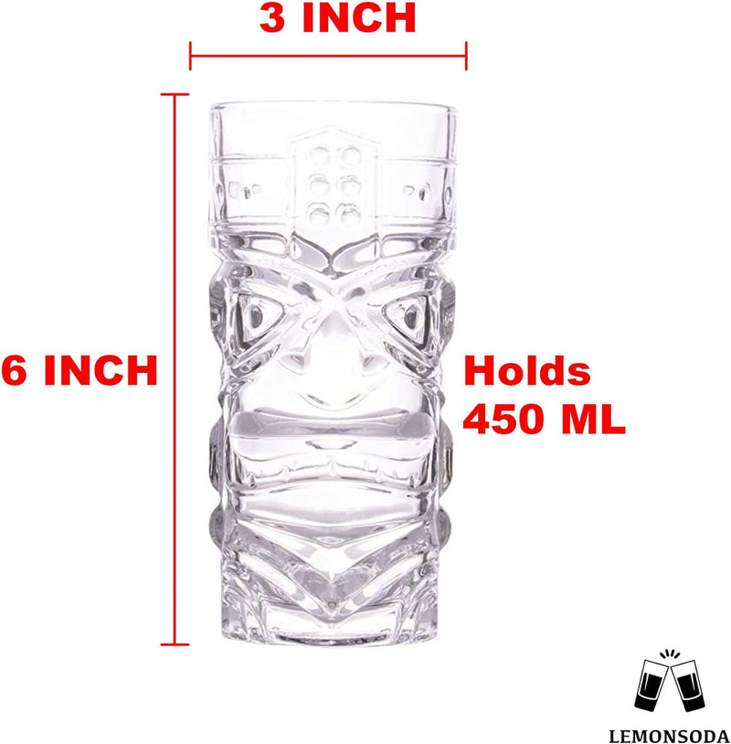 Clear Tiki Glasses, Set of 4 - 450 ML - Perfect for Exotic Cocktails, Lemonade, Ice Tea, Mixed Drinks- Exotic Zombie, Rum, Mai Tai, Pina Colada, Punch, Hurricane, Bar Drinkware