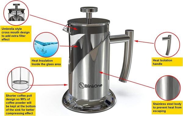 BlinkOne French Press: Single, Double and Up-to Three Serve Cup Espresso Coffee Maker (12 Oz)