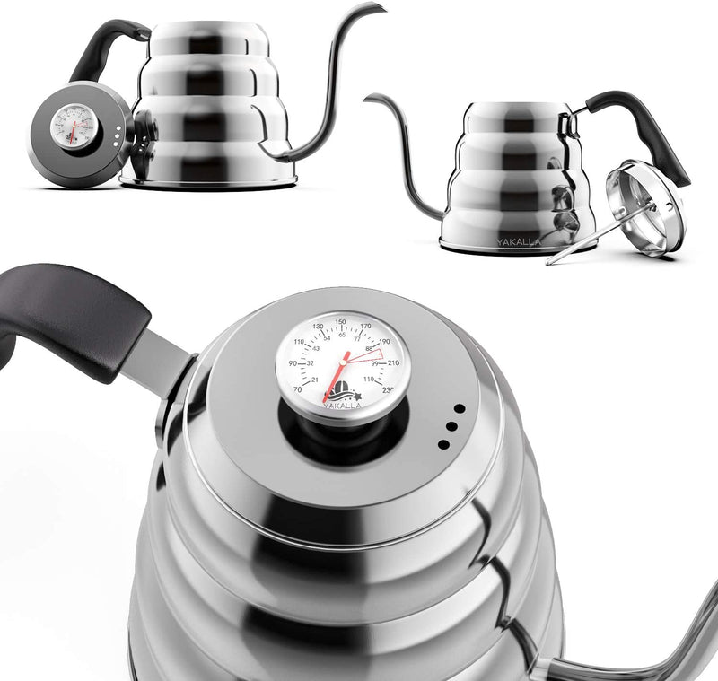 Gooseneck Kettle with Thermometer - Stainless Steel Goose Neck Pour Over Tea Kettle with Triple Layered Base Anti-Rust - Precision-Flow Spout for Coffee and Tea- for All Stovetops 40 oz/1.2L