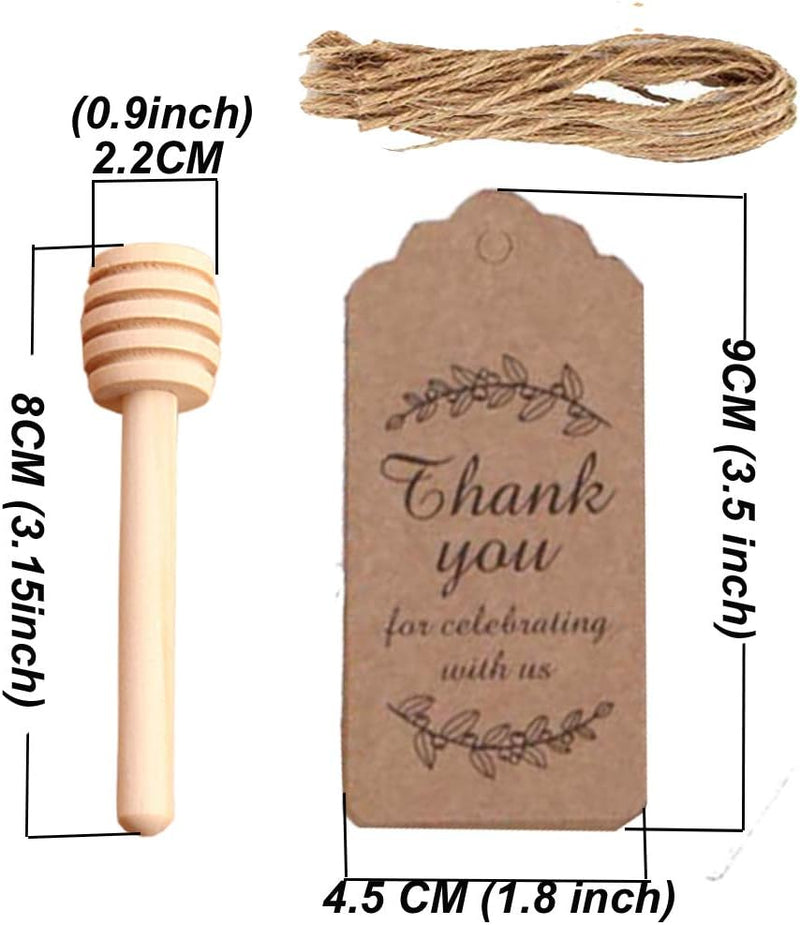 Amajoy 50PCS Small Wood Honey Dipper Sticks with Thank You Escort Card and Twine Server for Honey Jar Dispense Drizzle Honey Wedding Party Favor Baby Shower