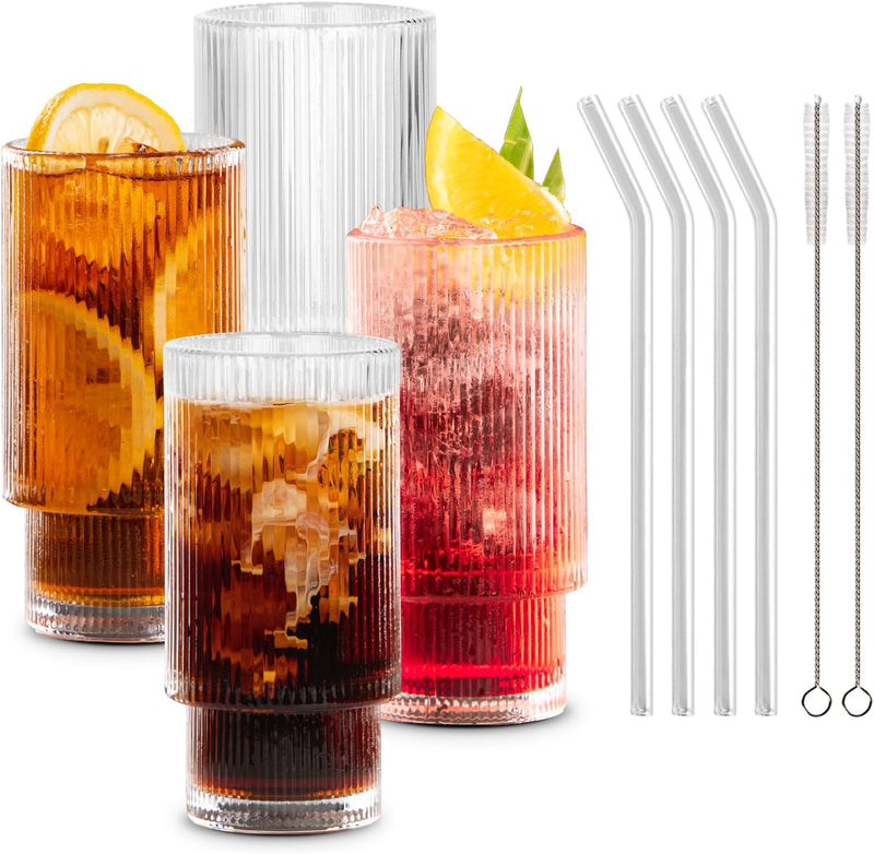 Combler Drinking Glasses, Cocktail Glasses 6 oz, Ribbed Glass Cups Set of 4, Coffee Bar Accessories, Small Cute Ribbed Glassware for Whiskey Tea Soda Iced Coffee Cup, Birthday Gifts for Women