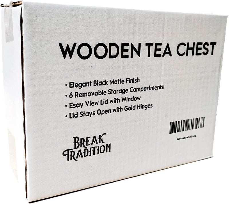 Break Tradition Wooden Tea Organizer For Tea Bags - Black Wooden Tea Chest With 6 Compartments - Clear Top Window - Lid Stays Open (Black)