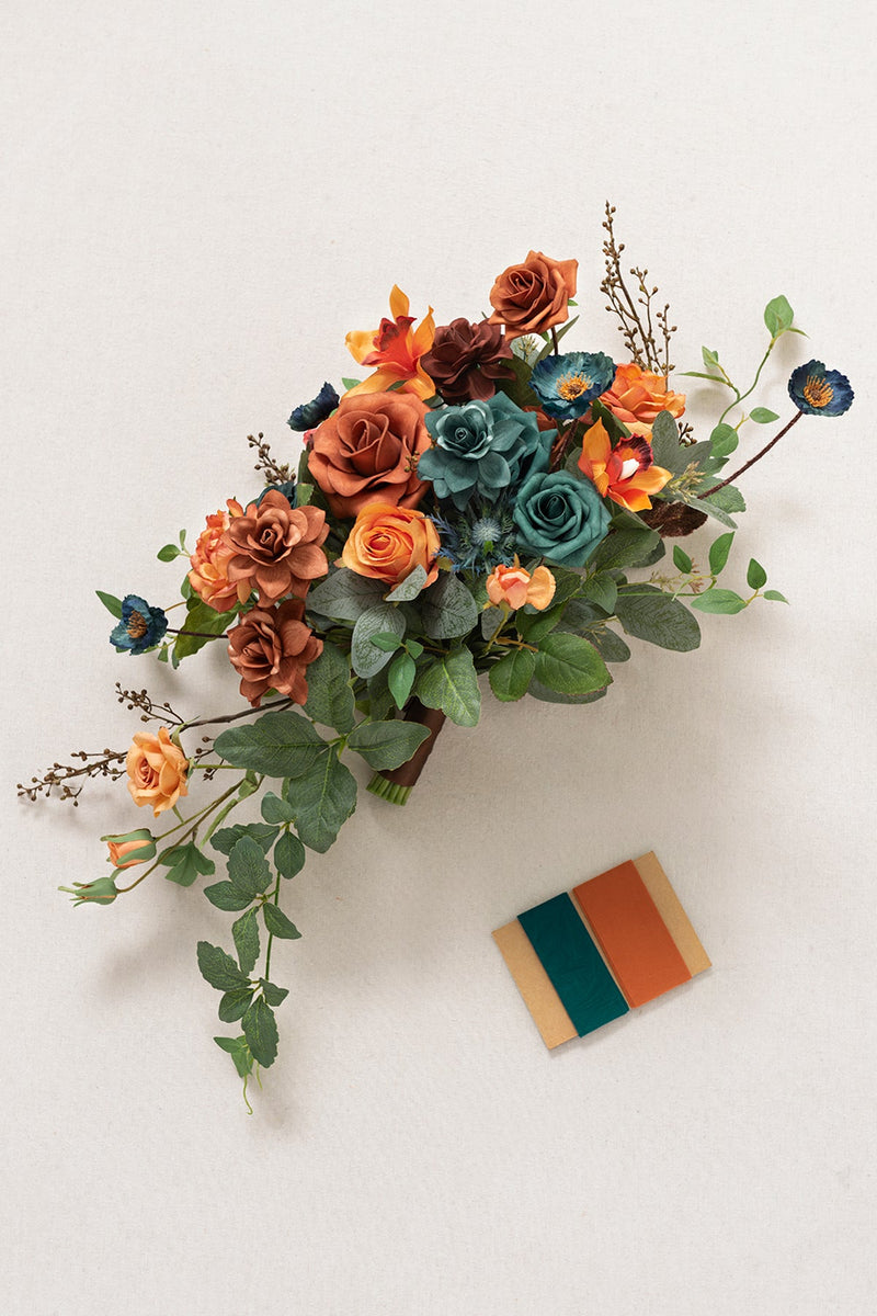 Teal and Orange Bridal Bouquet - Standard Cascade