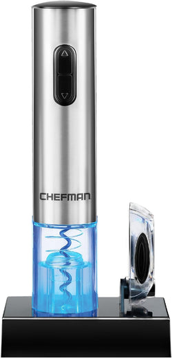 Chefman Electric Wine Opener Makes Opening Bottles Fast, Foolproof, And Fun! Black, Battery-Operated 4-Piece Corkscrew Set Comes With A Foil Cutter, Pourer, And Vacuum Stopper